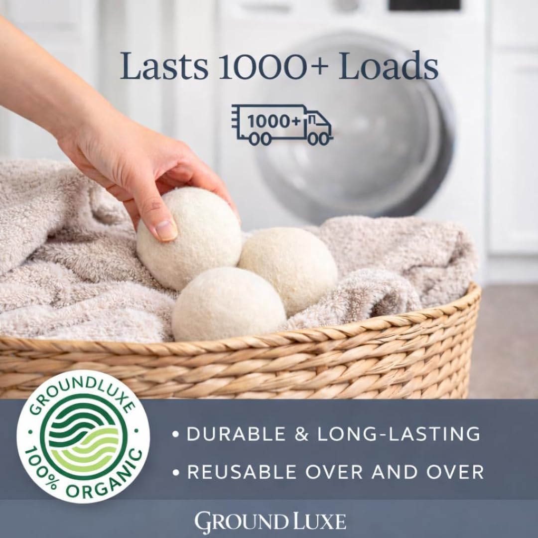 GroundLuxe 100% Organic New Zealand Wool Dryer Balls (Set of 6), Chemical-Free Fabric Softening