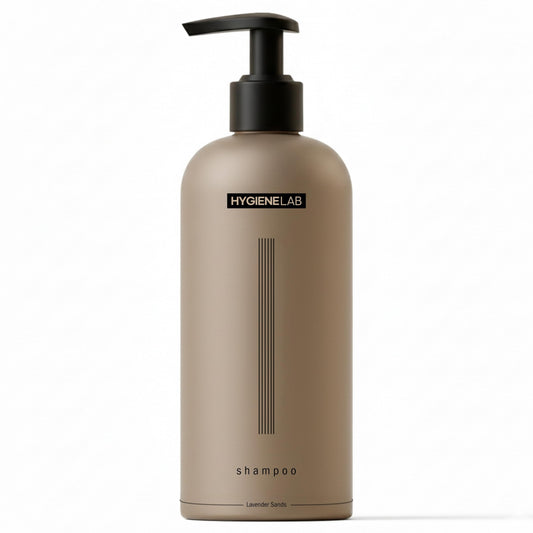 A bottle of Hygienelab shampoo in a matte taupe-brown color with a black pump dispenser, shown on a clean white background.
