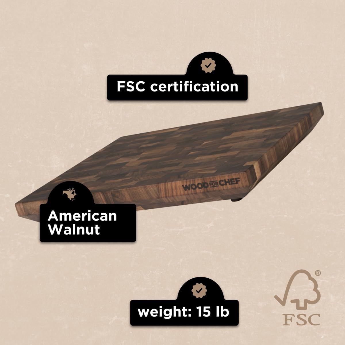 Wooden cutting board with FSC certification labels on a beige background