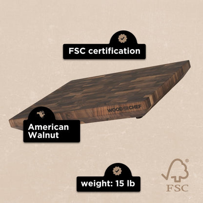Wooden cutting board with FSC certification labels on a beige background