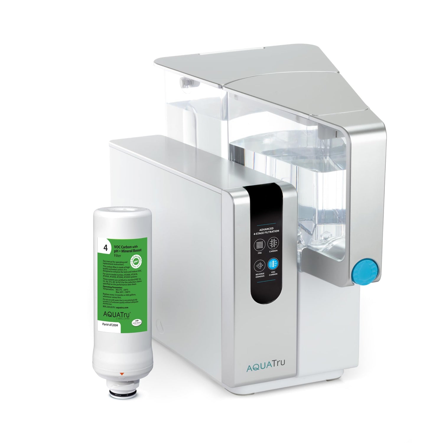 Aquatru water filter system with a filter cartridge on a white background