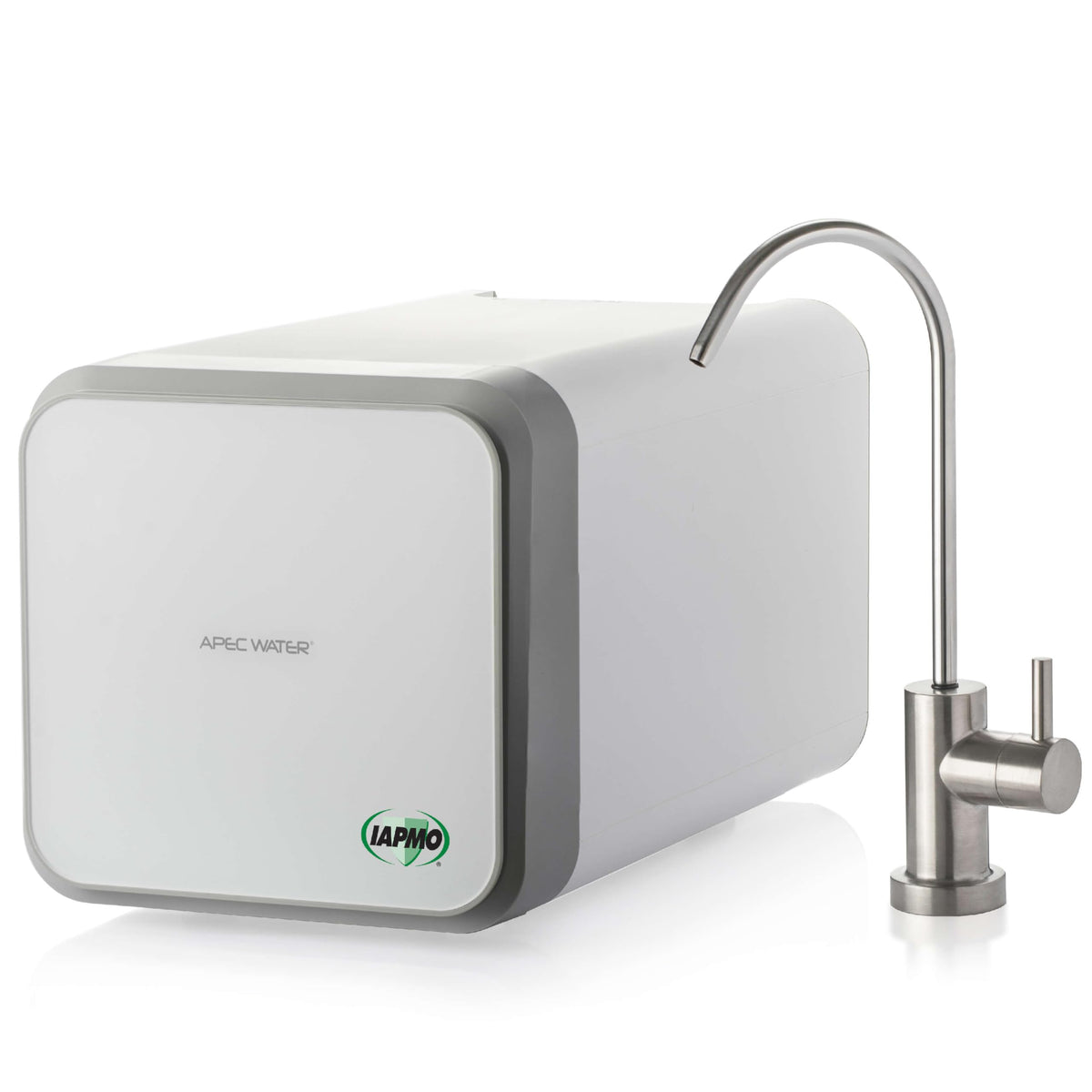 White water filter with a metallic faucet on a white background
