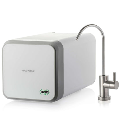 White water filter with a metallic faucet on a white background