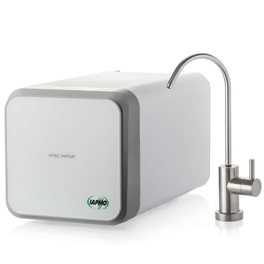 White water filter with a metallic faucet on a white background