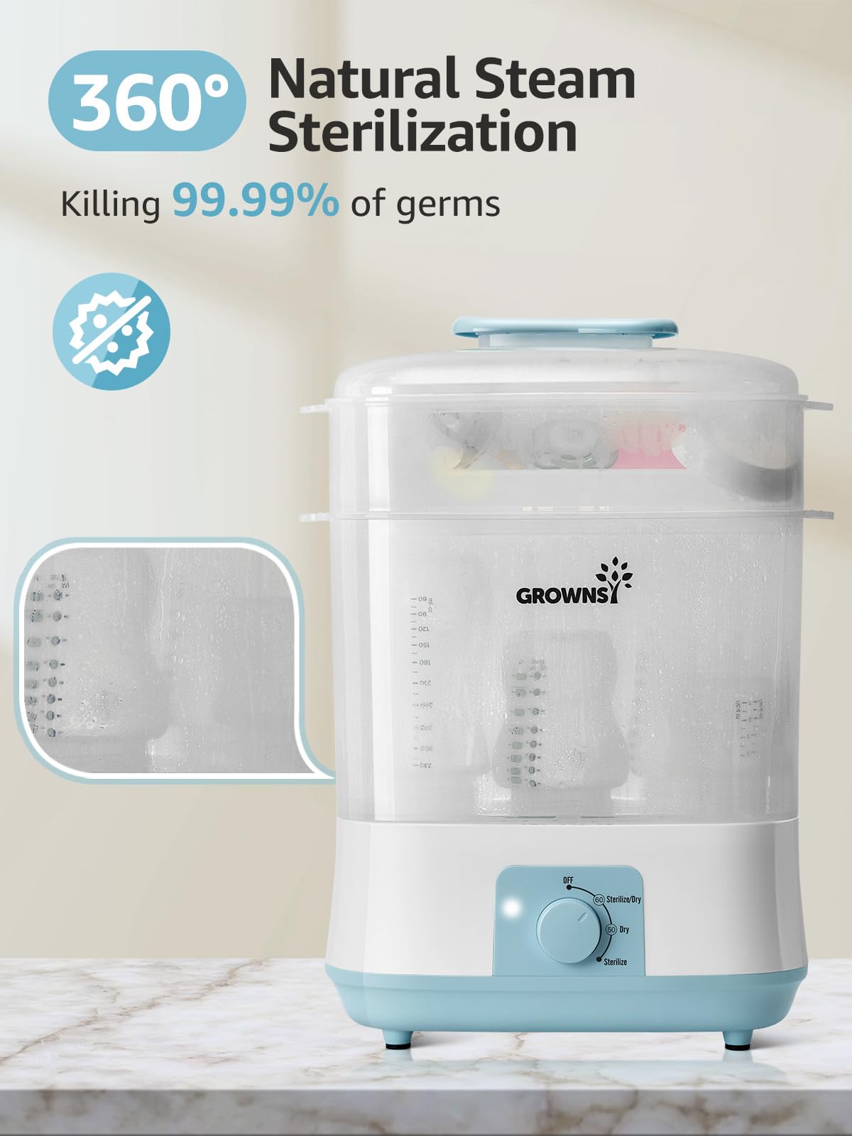 Grownsy 4-in-1 Bottle Sterilizer: Large 8-Bottle Steam Sanitizer