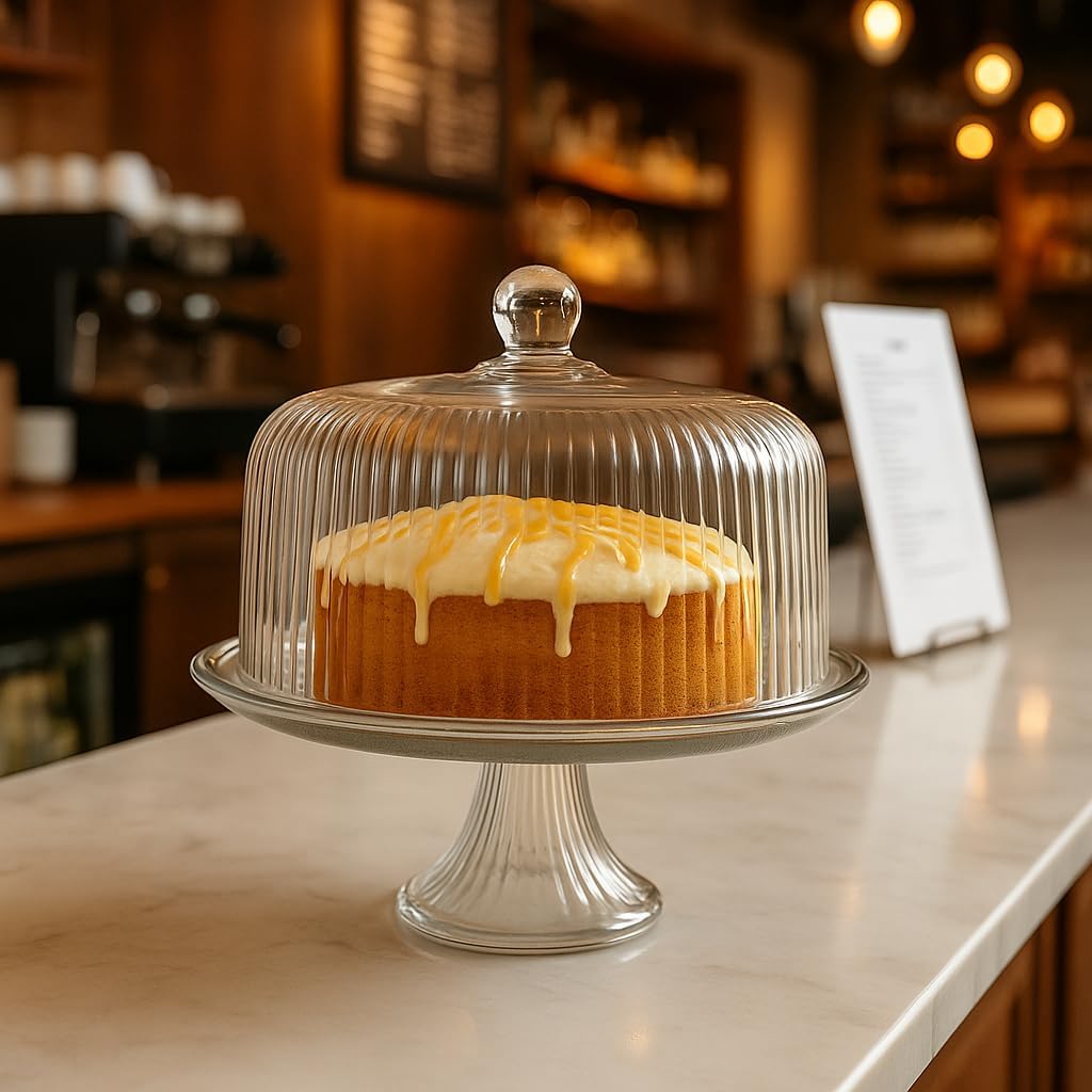 Anchor Hocking Monaco Glass Cake Set (Made in USA) on a counter in a café setting