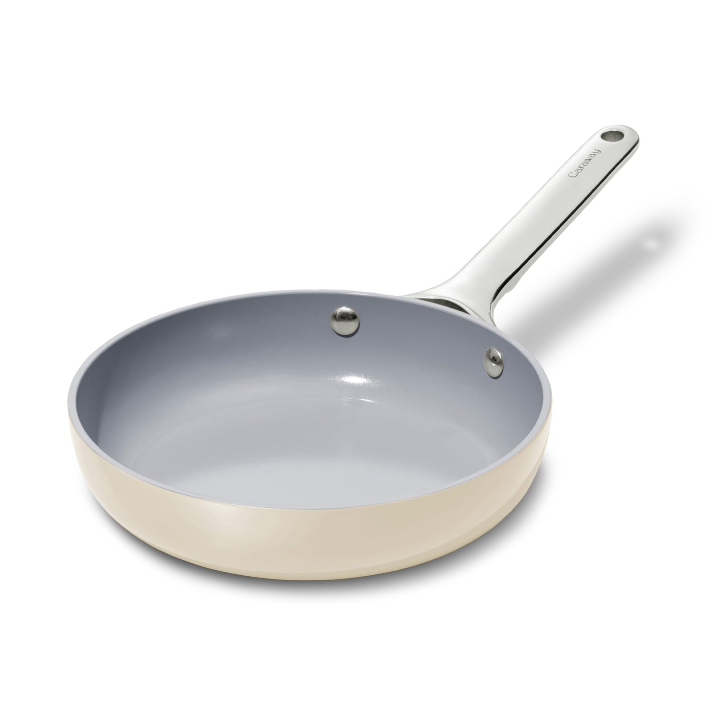 Frying pan with a gray interior and beige exterior on a white background