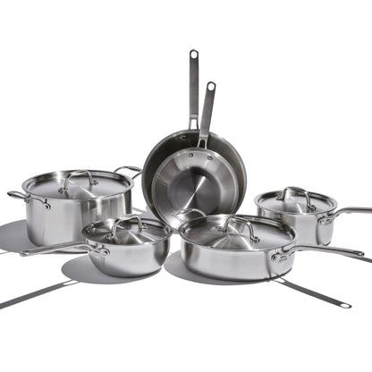 Set of stainless steel cookware on a white background