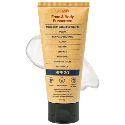 Sky and Sol Natural Mineral Sunscreen SPF 30 3 oz: Natural Tallow & Zinc Oxide, Reef Safe, Water Resistant, Fragrance-Free, Non-Greasy Formula for Face and Body