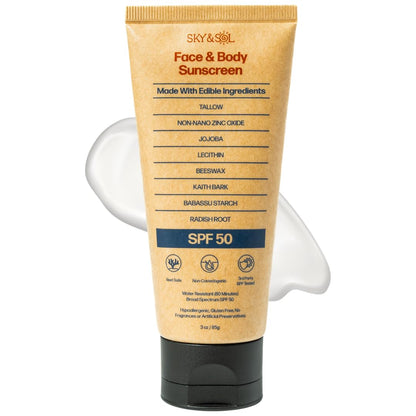 Sky and Sol Natural Mineral Sunscreen SPF 30 3 oz: Natural Tallow & Zinc Oxide, Reef Safe, Water Resistant, Fragrance-Free, Non-Greasy Formula for Face and Body