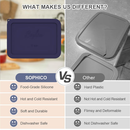 Comparison chart between Sophico silicone lids and other lids, highlighting differences.