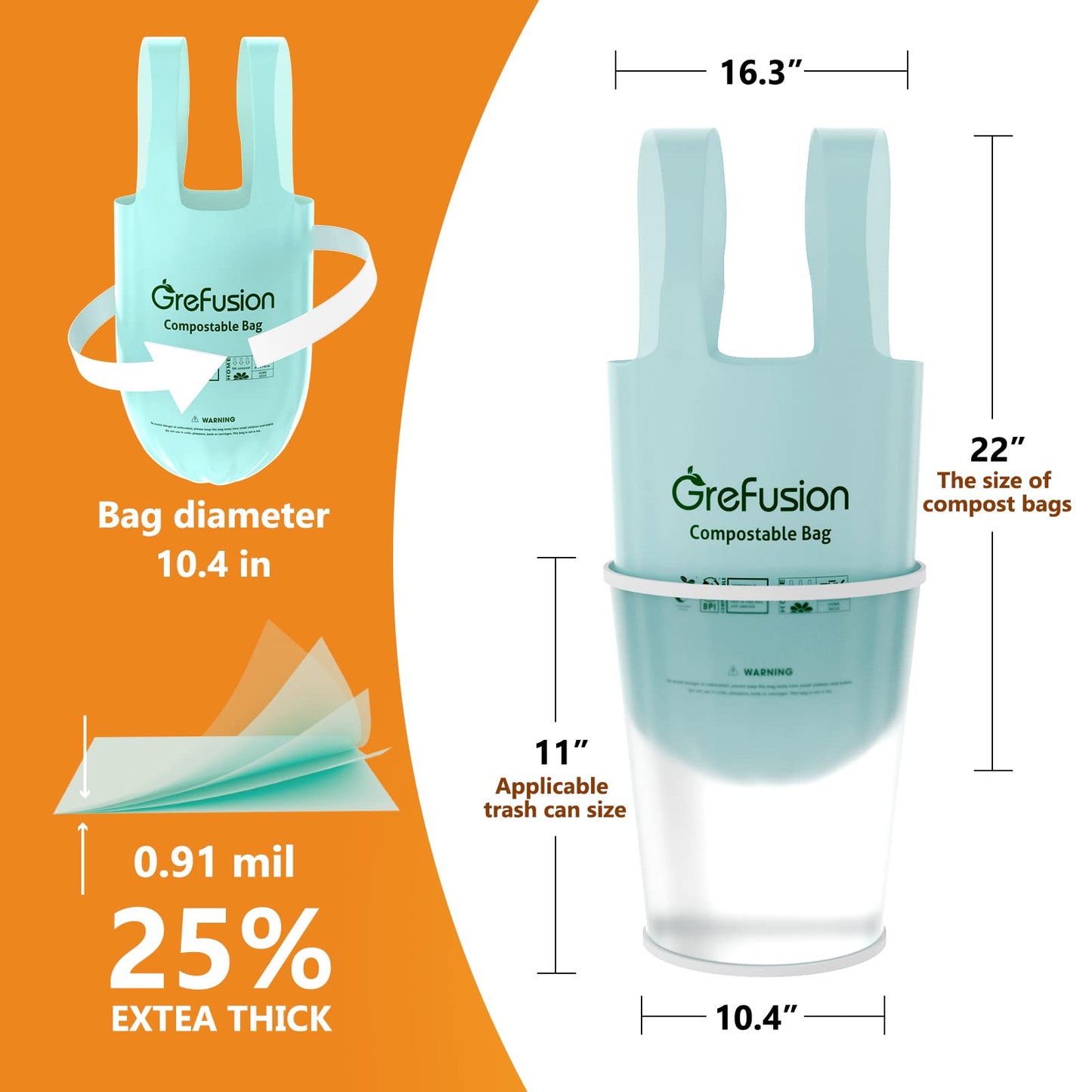 GreFusion 1.2 Gallon Compostable Bags - 125 Count (BPI Certified)