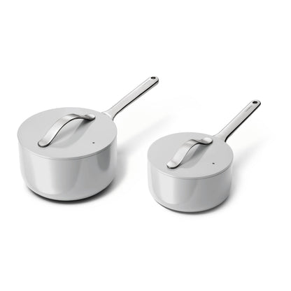 Two stainless steel saucepans with lids on a white background