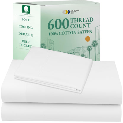 California Design Den 100% Cotton Sateen Sheets: 600 TC Luxury Set