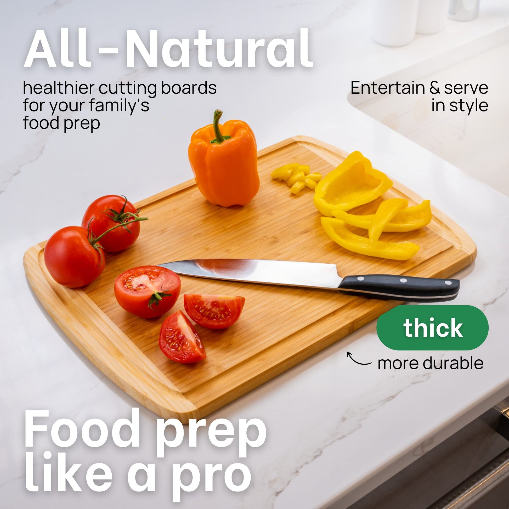 Wooden cutting board with vegetables and a knife on a marble countertop, promoting natural food prep.
