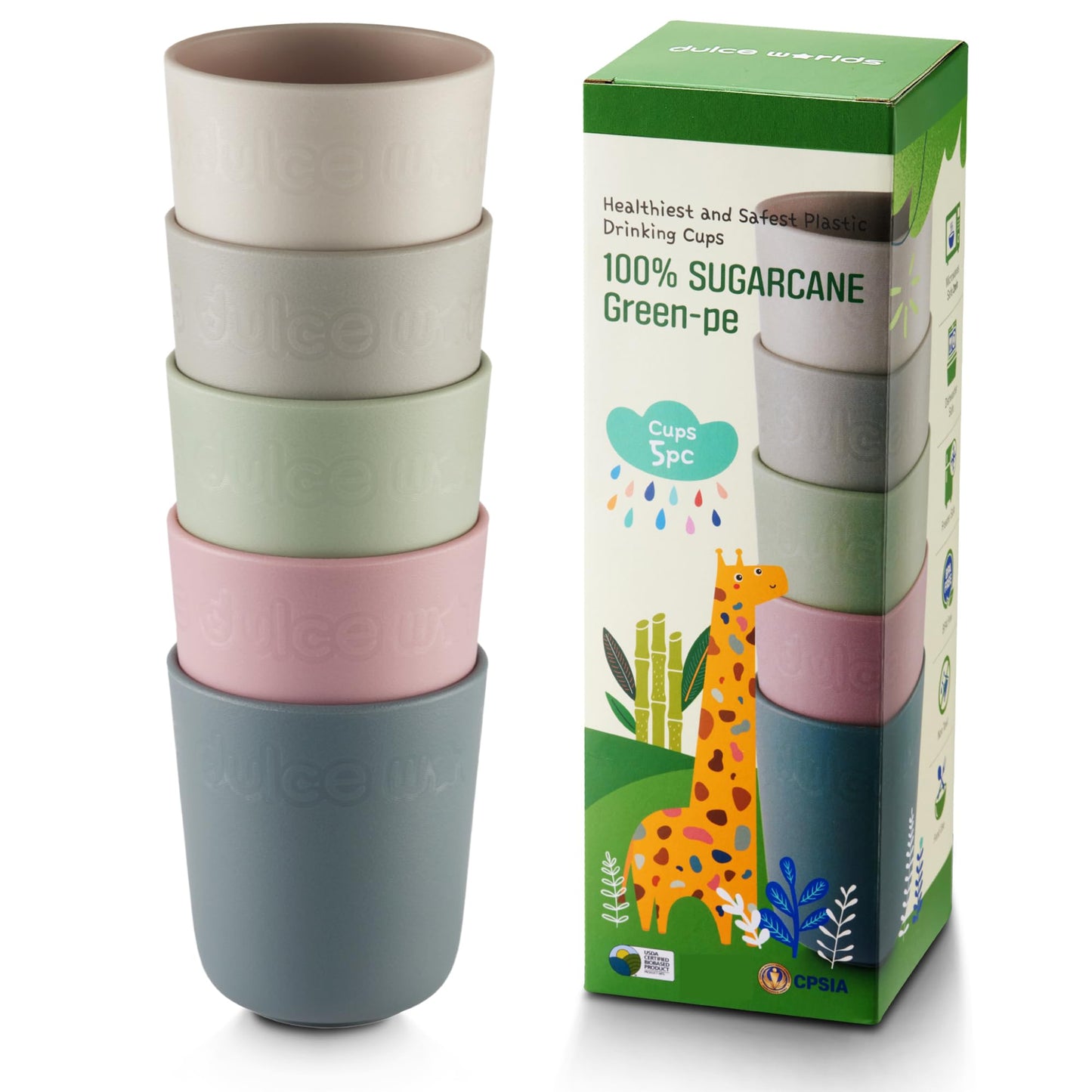 Dulce Worlds 100% Sugarcane Unbreakable Kids Cups (5-Pack)
