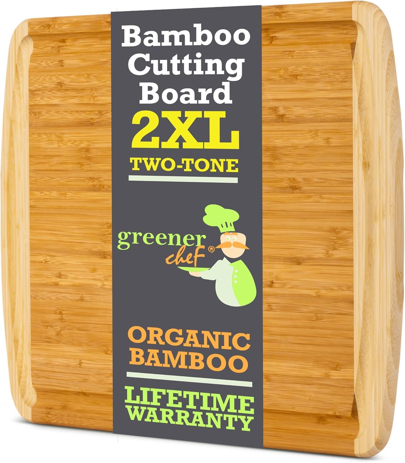Bamboo cutting board with two-tone design and 'greener chef' branding.