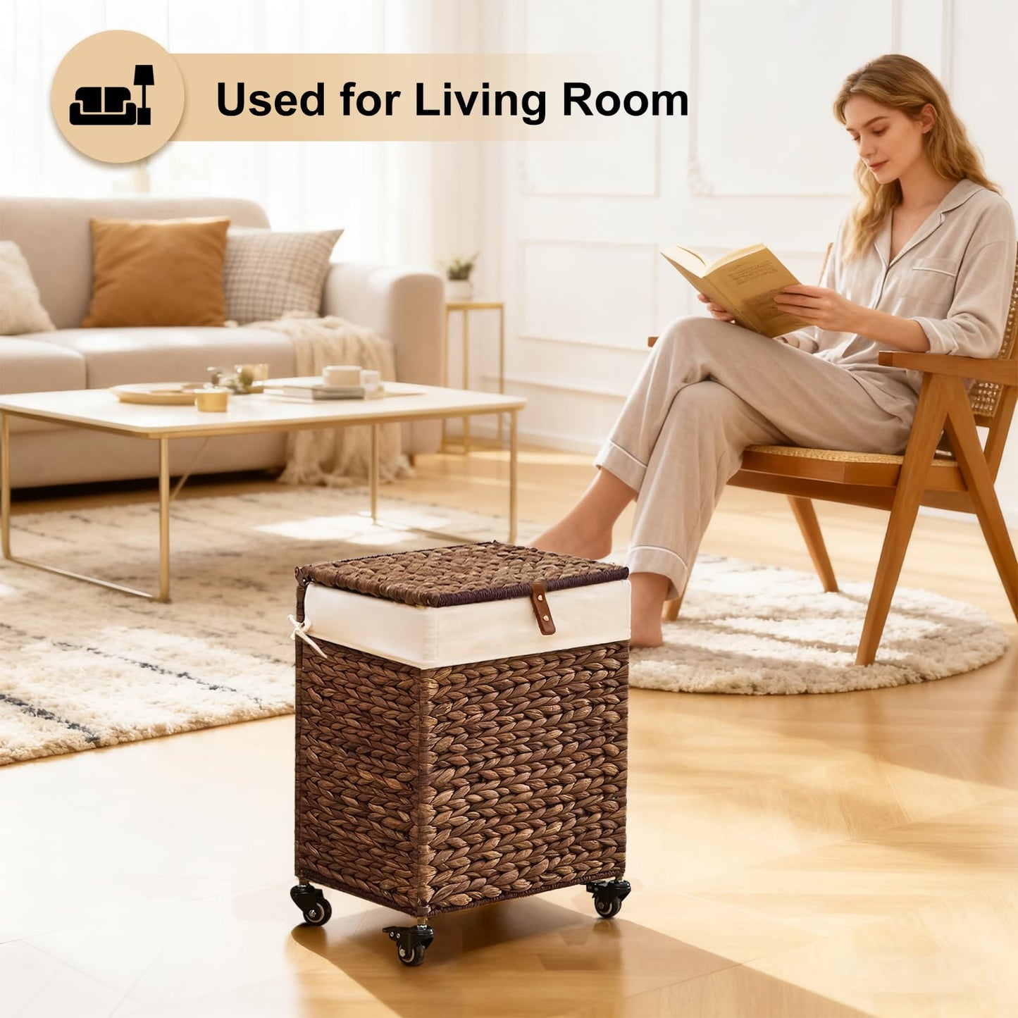LGENHOOM Handwoven Natural Water Hyacinth Hamper with Lid