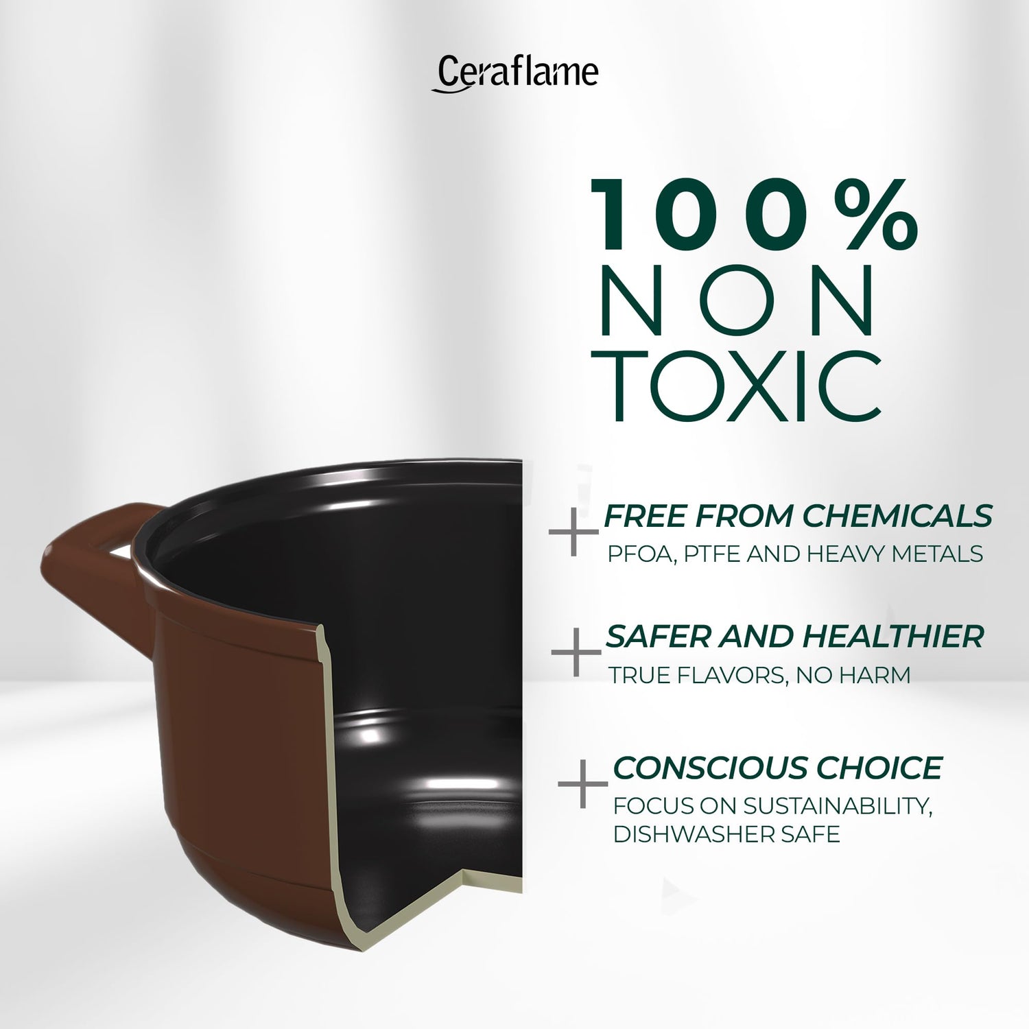 Ceraflame pot with non-toxic features highlighted on a white background