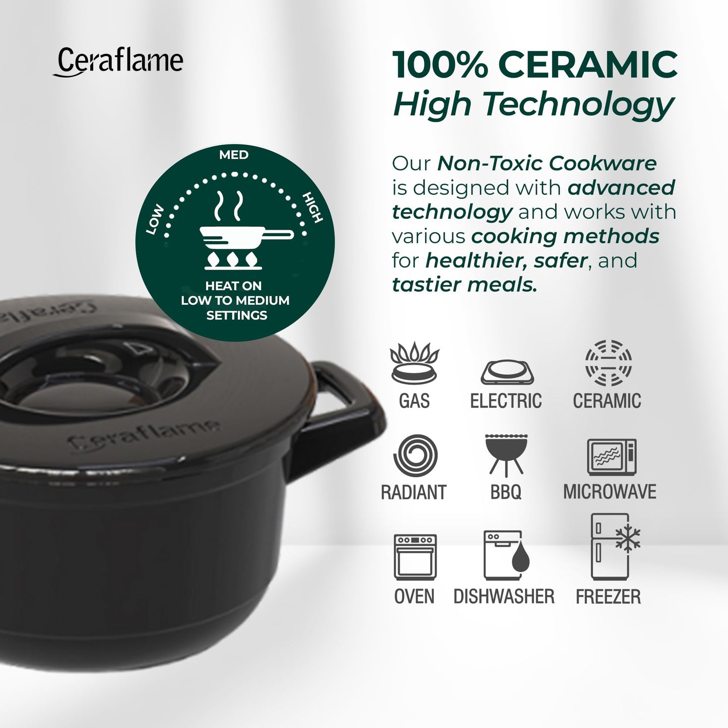 Ceraflame ceramic cookware with features and compatibility icons on a white background