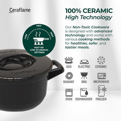 Ceraflame ceramic cookware with features and compatibility icons on a white background