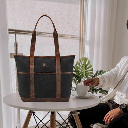 Wise Owl 16oz Waxed Cotton Canvas & Crazy Horse Leather Tote Bag