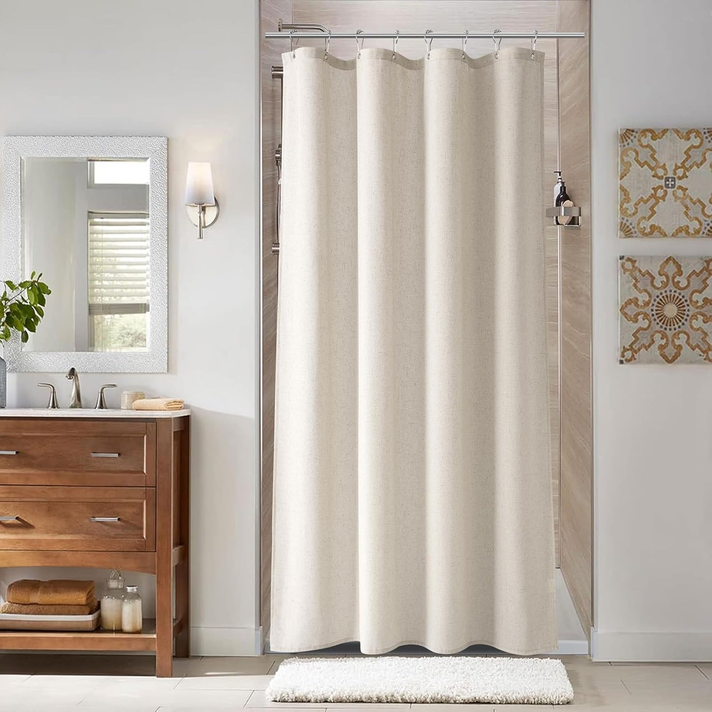 Naturoom Weighted Natural Flax Linen Shower Curtain Set