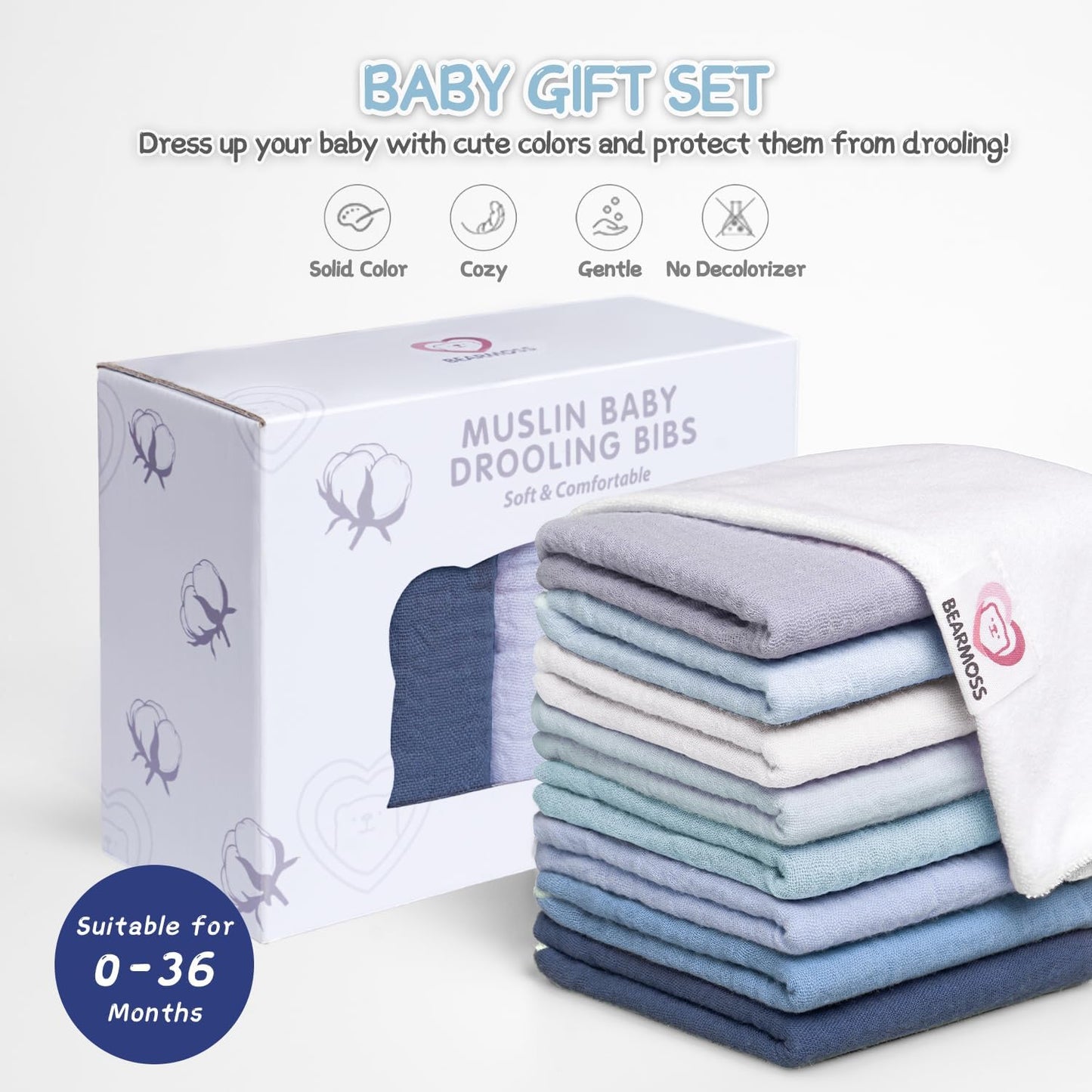 Bearmoss 100% Cotton Square Muslin Baby Drool Bibs (8-Pack)