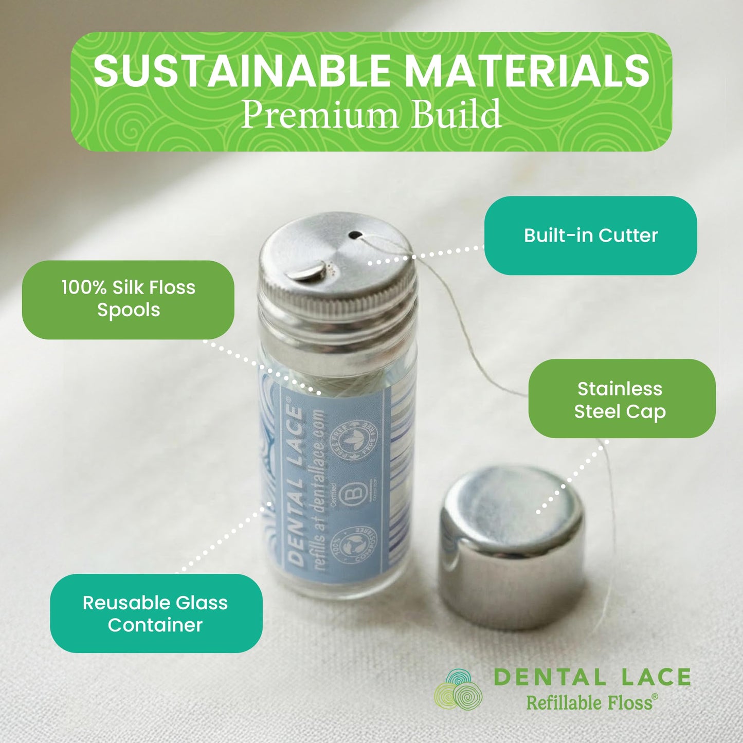 Refillable Silk Dental Floss, PFAS-Free, Glass Container – Dental Lace