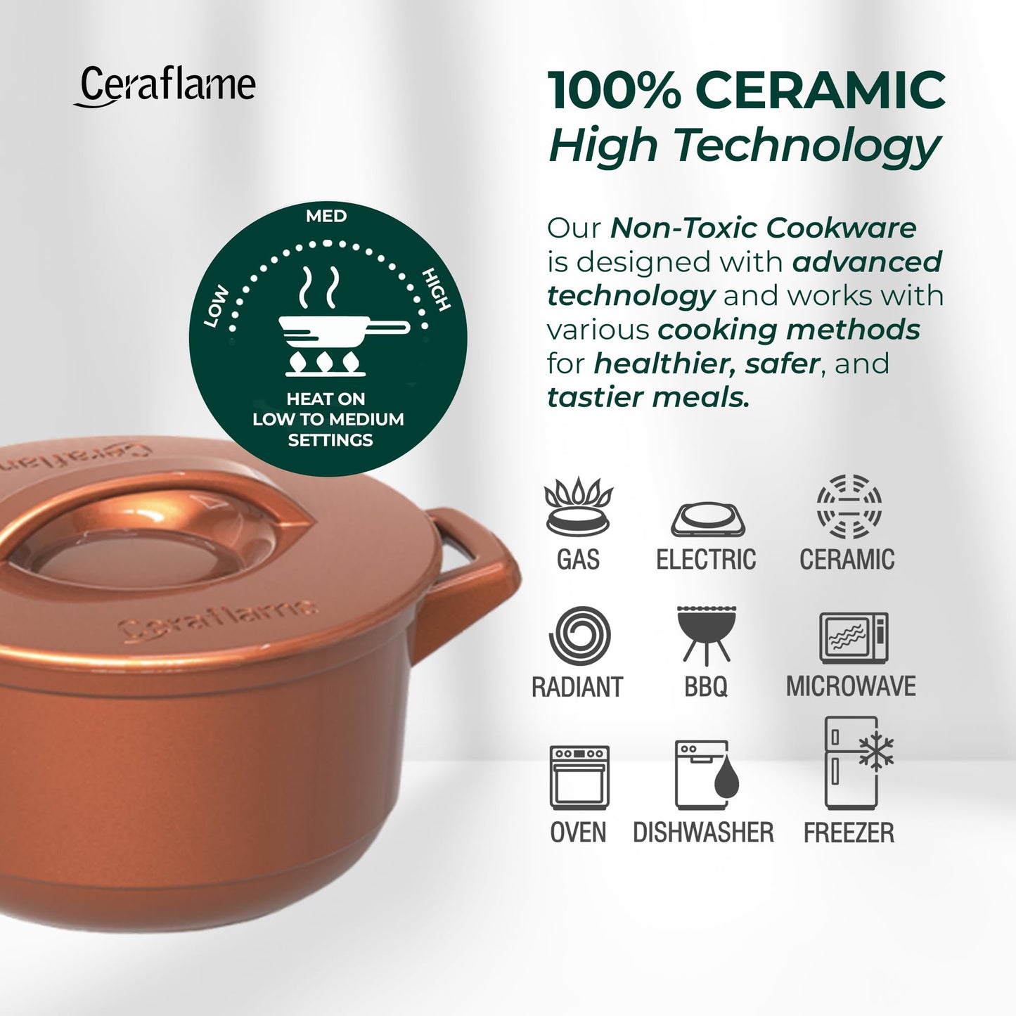 Ceraflame 100% Pure Ceramic Cookware: Thermal Shock Resistant & Toxin-Free, Oven, Microwave and Open-Flame Safe