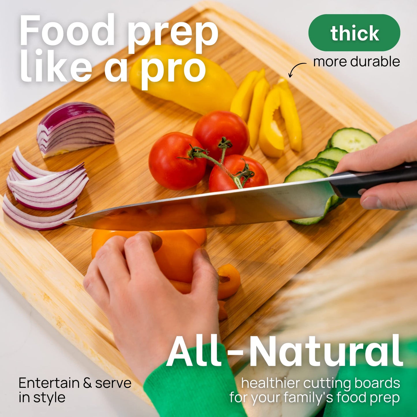 Person cutting vegetables on a wooden cutting board with text highlighting features.