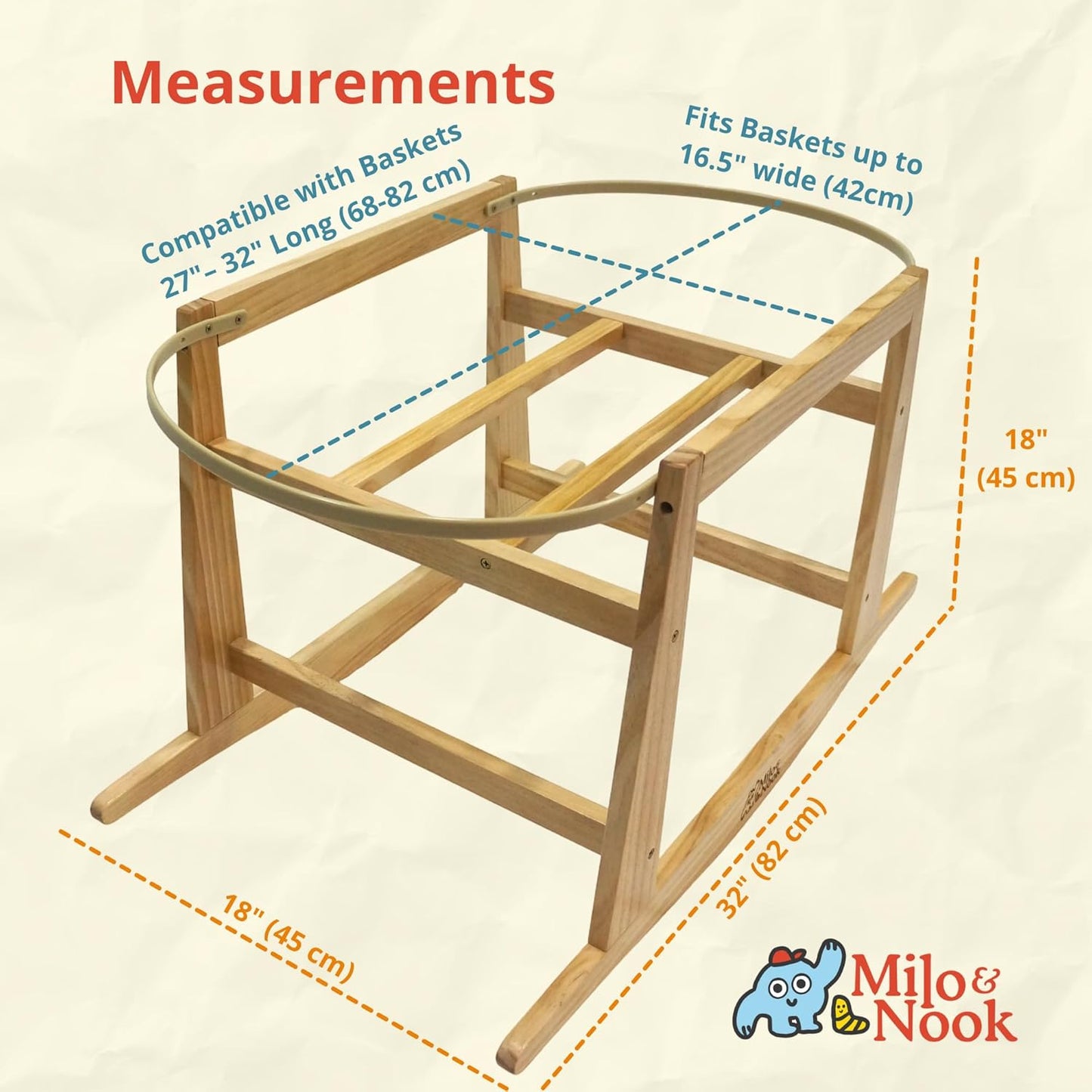 Milo & Nook Baby Moses Basket Stand: Solid Pine Wood Structure