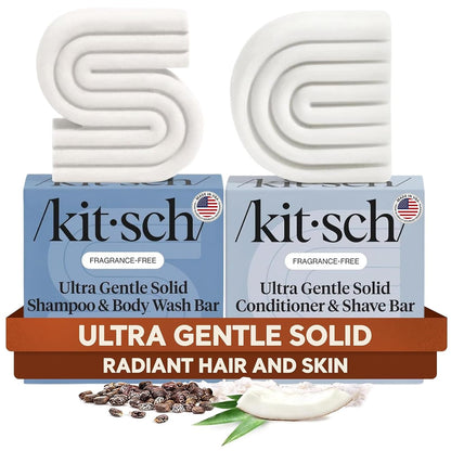 Two Kit-sch ultra gentle solid shampoo and body wash bars with packaging on a white background.