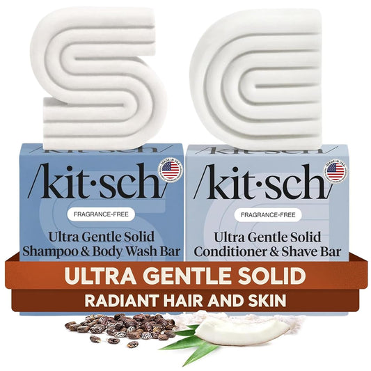Two Kit-sch ultra gentle solid shampoo and body wash bars with packaging on a white background.