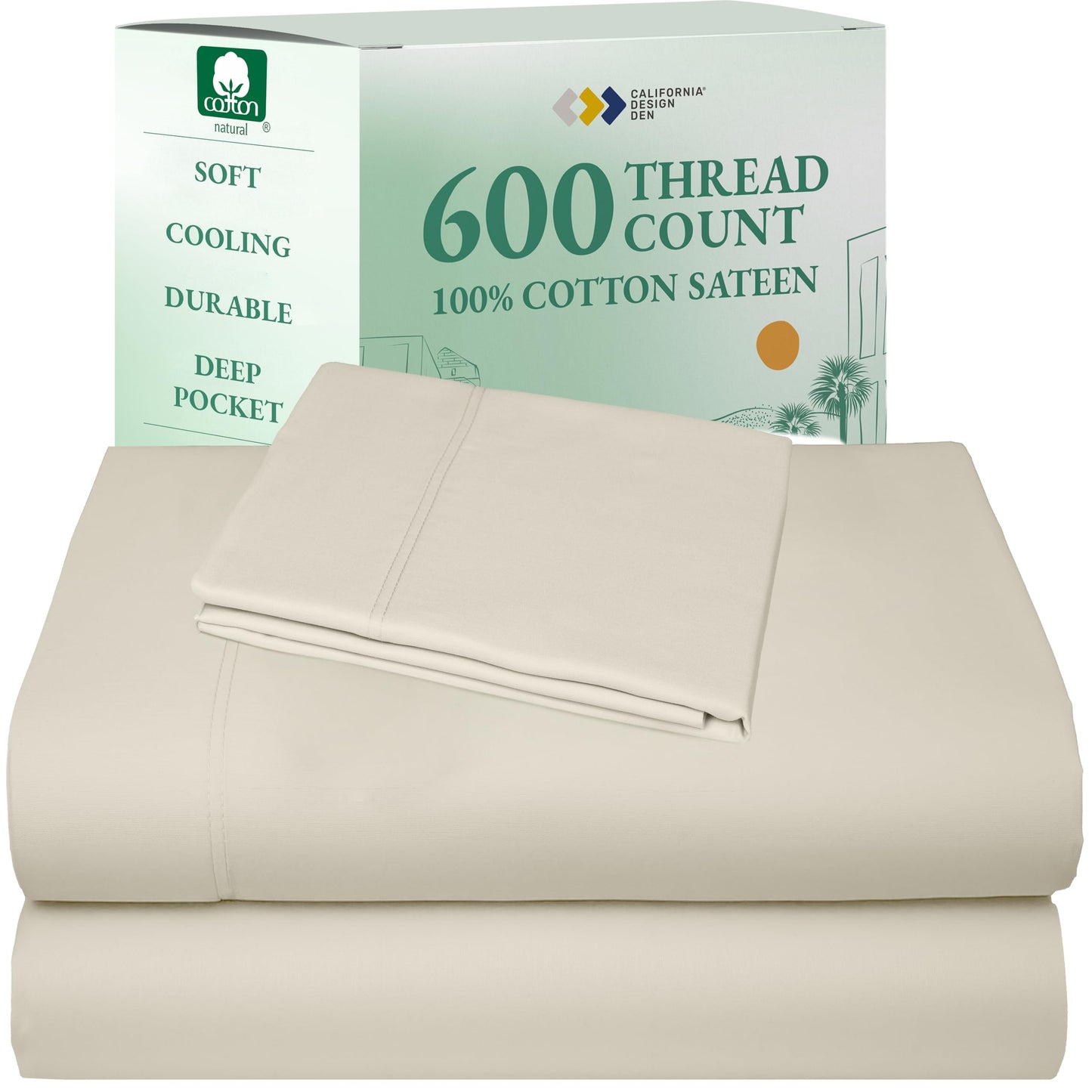 California Design Den 100% Cotton Sateen Sheets: 600 TC Luxury Set