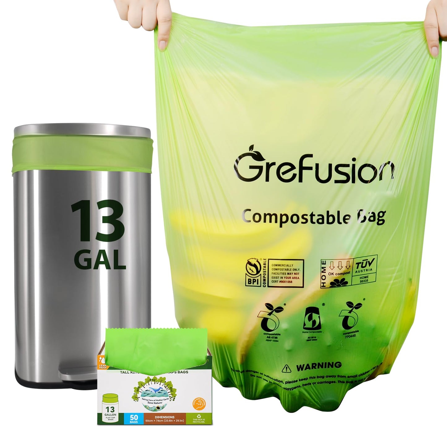 GreFusion 1.2 Gallon Compostable Bags - 125 Count (BPI Certified)