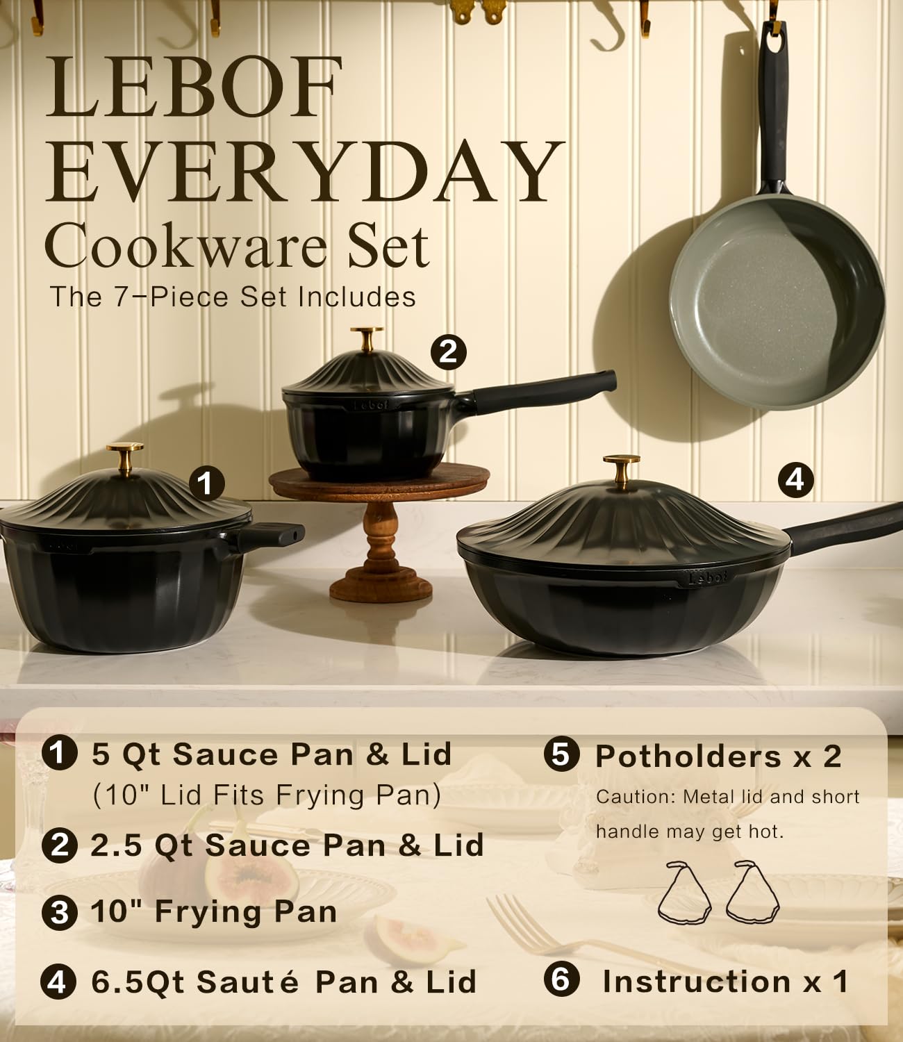 7-Piece Nonstick Ceramic Cookware Set in Jet Black