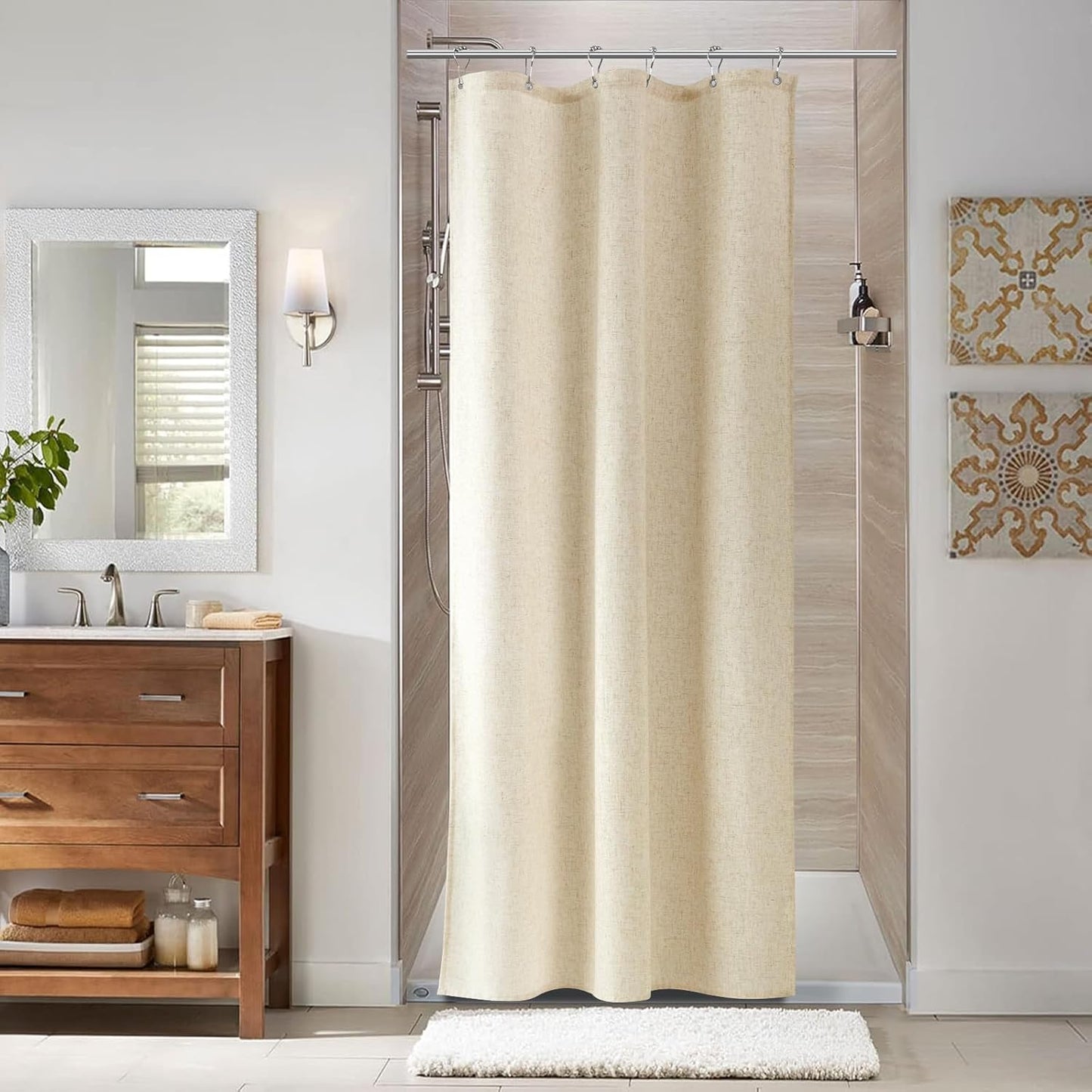 Naturoom Weighted Natural Flax Linen Shower Curtain Set