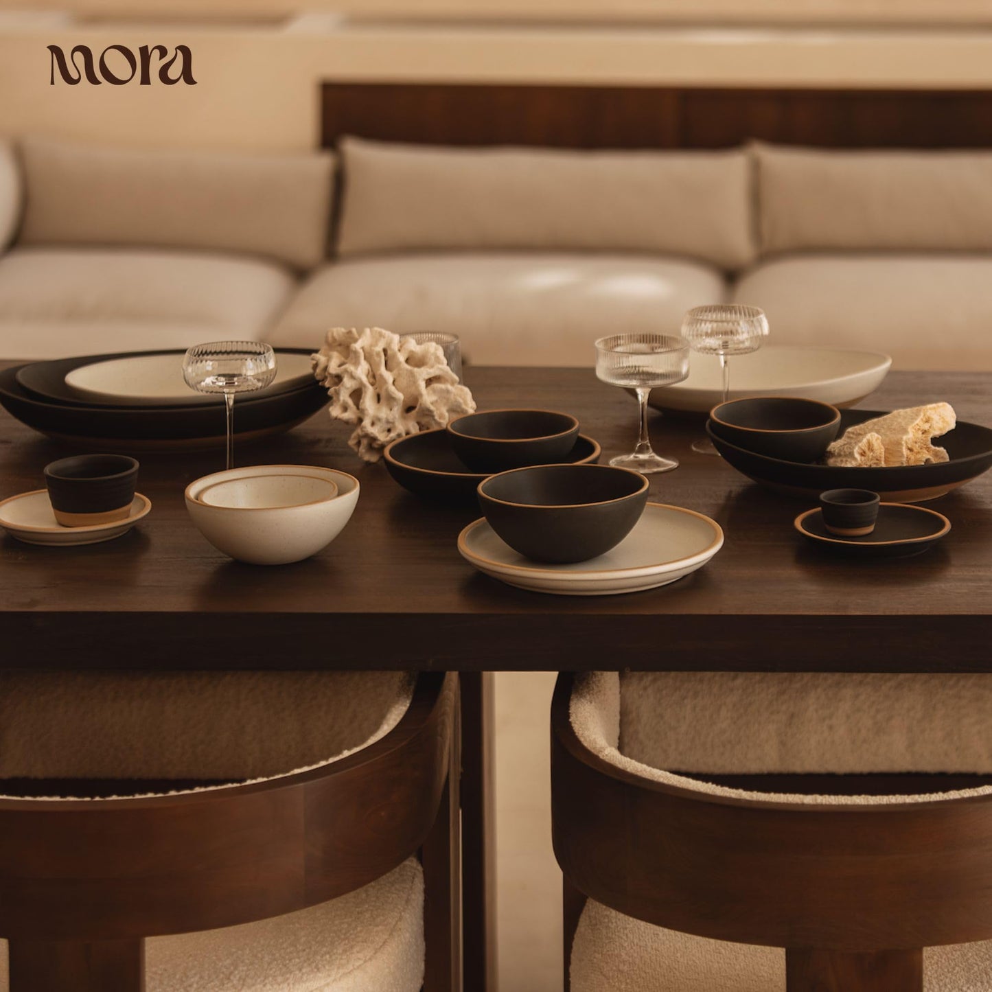 Mora Medium Ceramic Bowls, Set of 4 (28 oz, Oat)