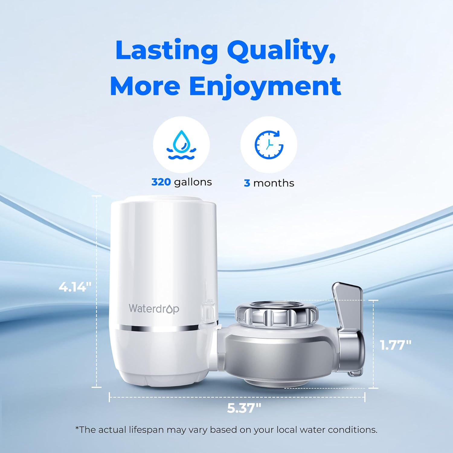 Water filter with measurements and 'Lasting Quality, More Enjoyment' text on a blue background