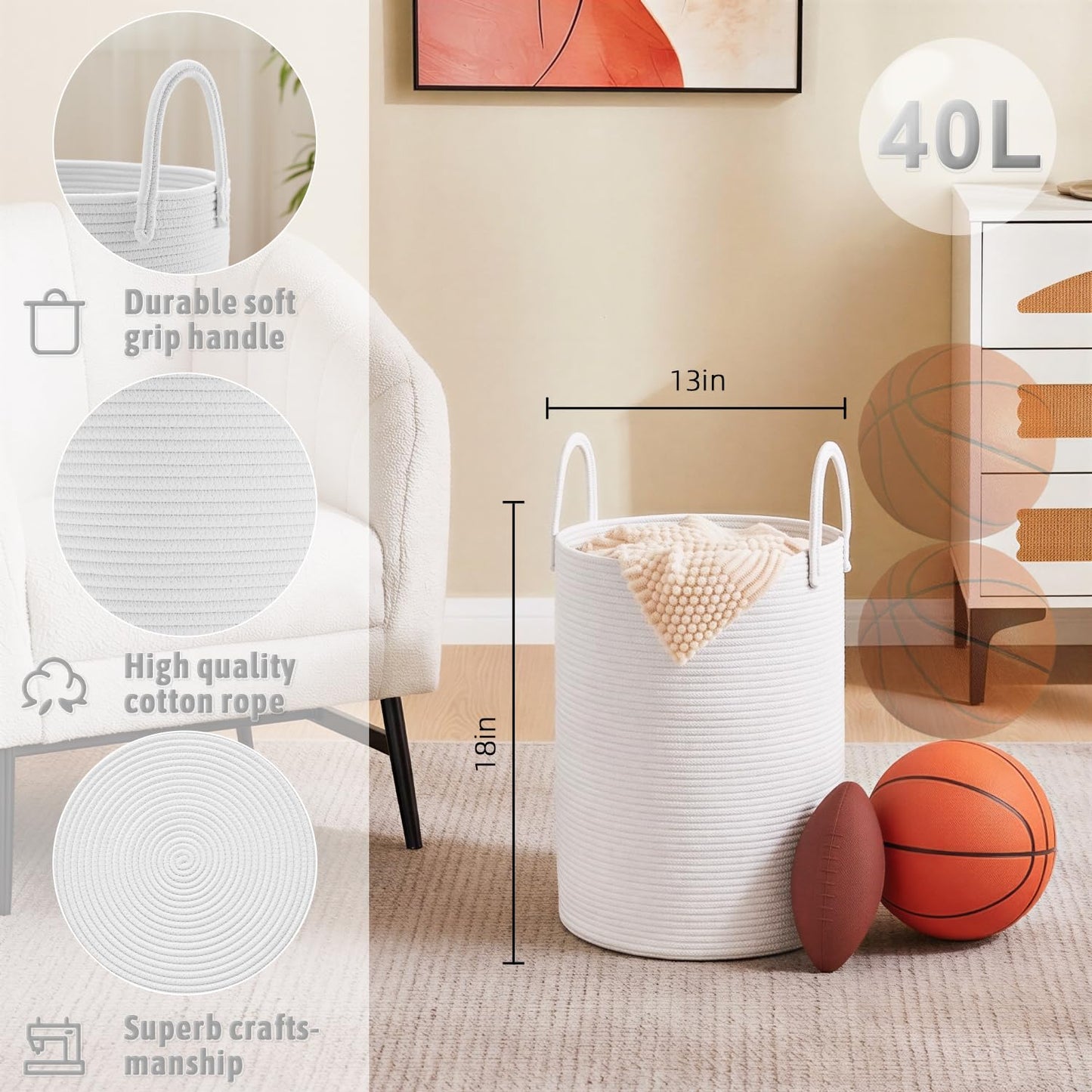 Artfeel 60L Handwoven Natural Cotton Rope Laundry Hamper