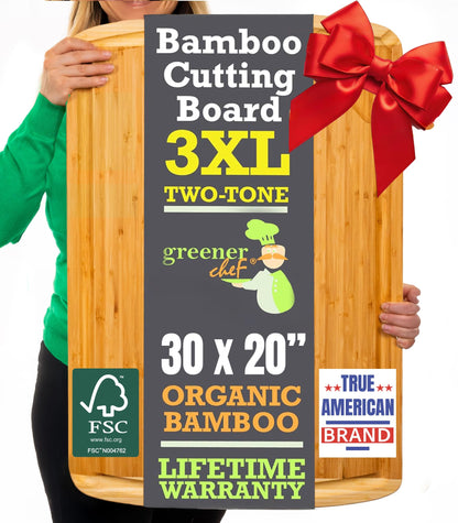 Bamboo cutting board with a red bow, held by a person, with branding and product details displayed.