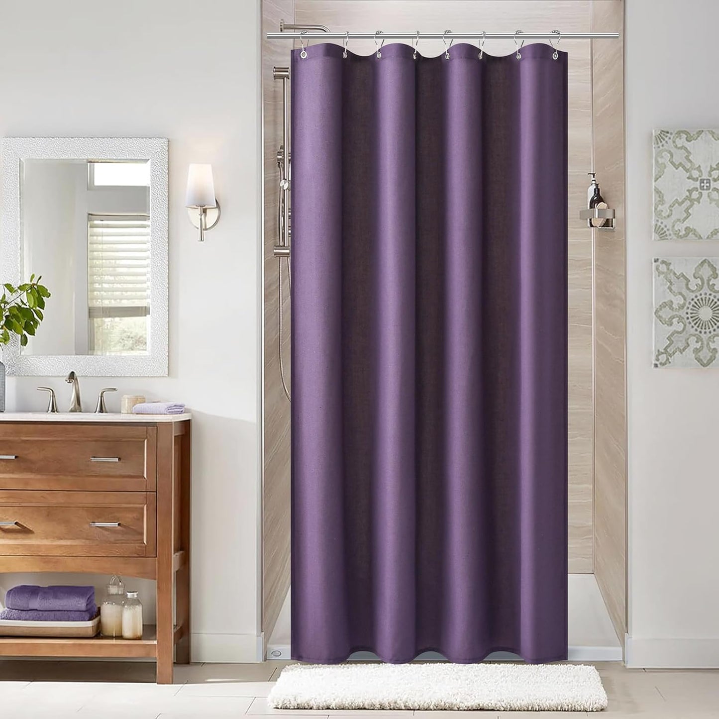 Naturoom Weighted Natural Flax Linen Shower Curtain Set