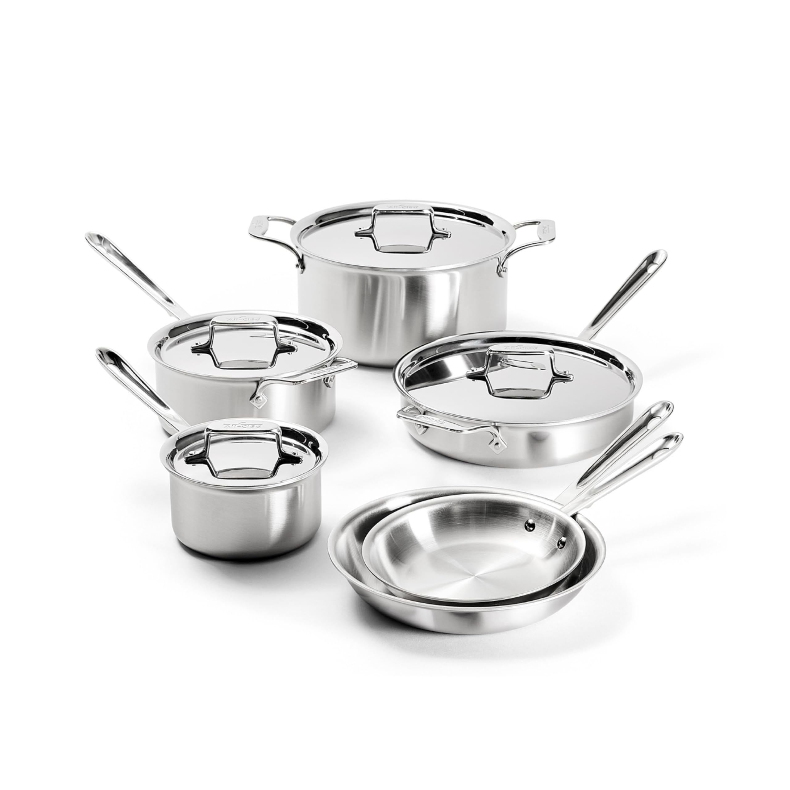 Set of stainless steel cookware on a white background