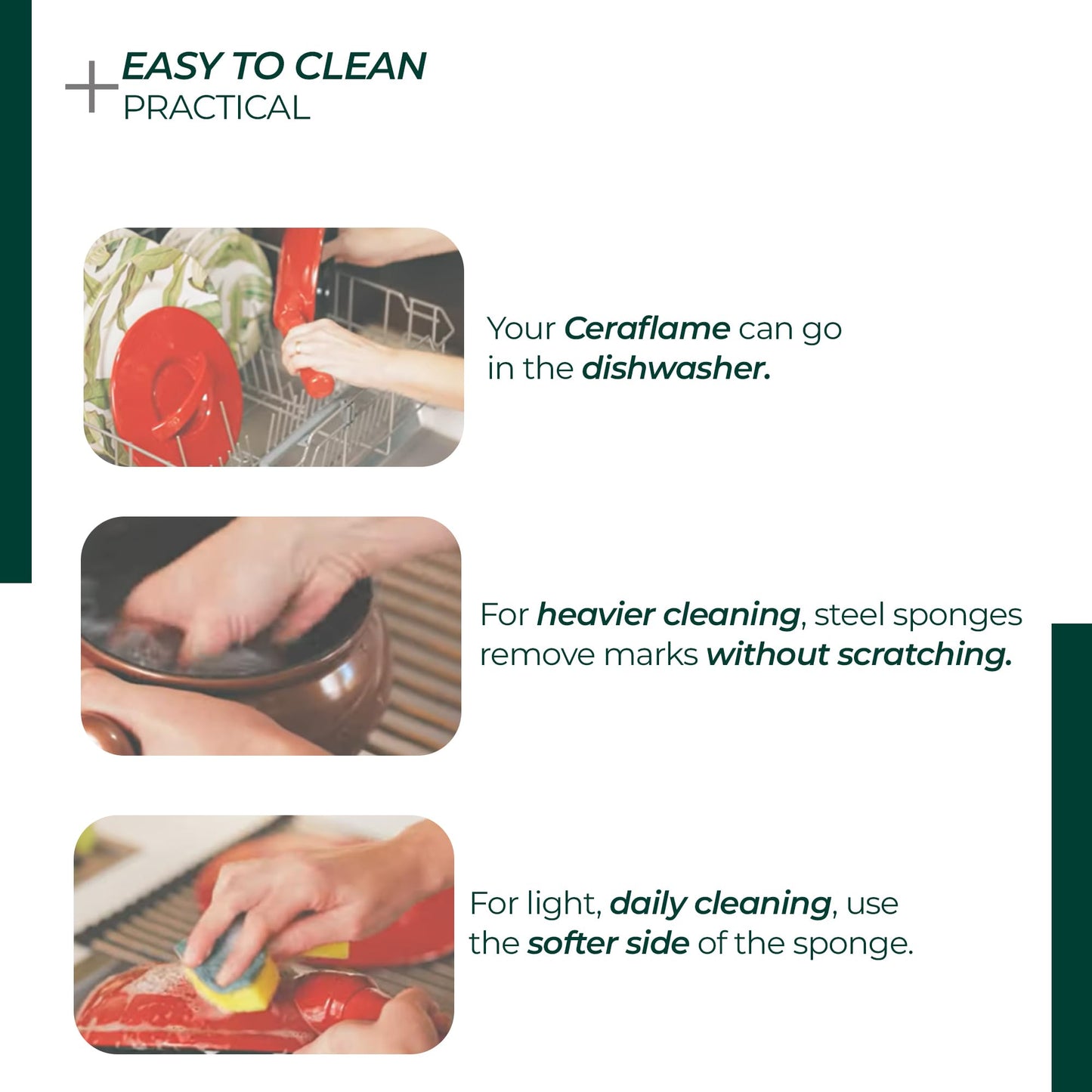 Ceraflame cleaning instructions with images of dishwashing and sponge use.