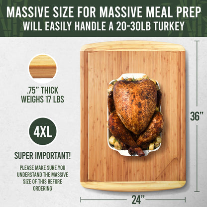 Wooden cutting board with a roasted turkey on a white background, featuring text about size and weight.