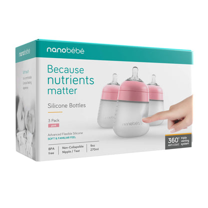 Nanobebe Flexy 9oz Silicone Baby Bottles with Anti-Colic Venting (3-Pack)