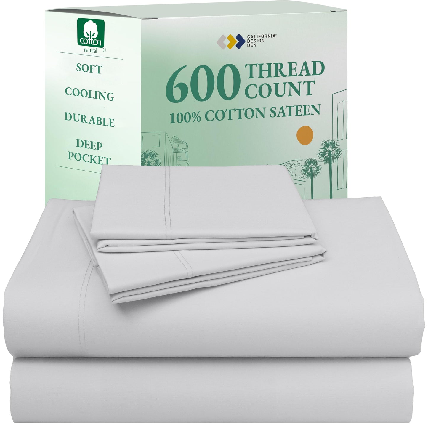 California Design Den 100% Cotton Sateen Sheets: 600 TC Luxury Set