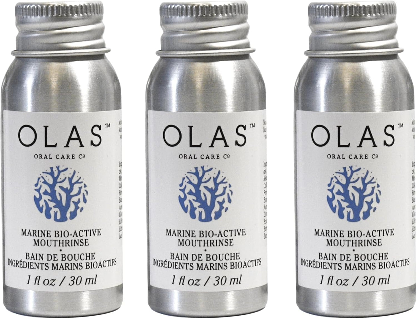 Three identical silver aluminum bottles of OLAS Marine Bio-Active Mouthwash arranged side by side on a white background.