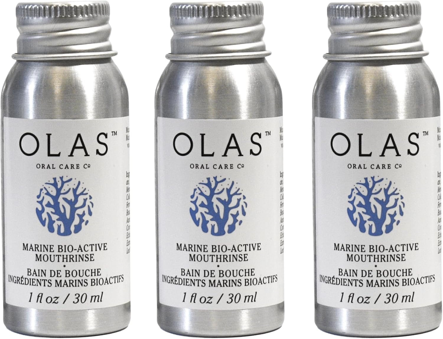 Three identical silver aluminum bottles of OLAS Marine Bio-Active Mouthwash arranged side by side on a white background.